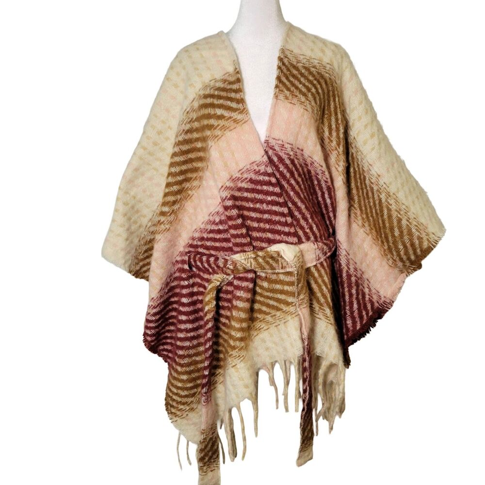 NWT Jessica Simpson Belted Ruana Poncho Fringe Wrap Shawl OS Boho Cottagecore